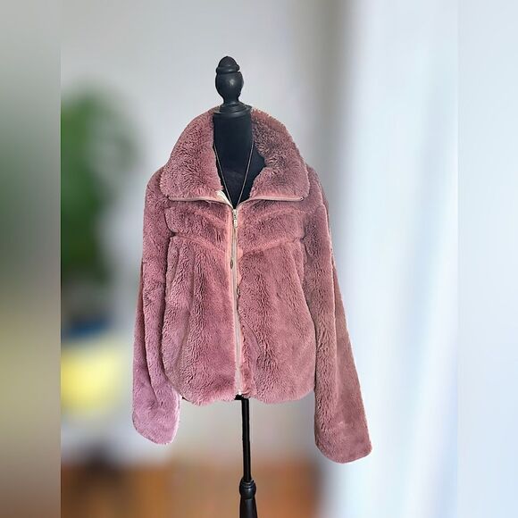 Anthropologie Faux Fur Jacket Teddy Bomber Chevron Detail Size L - Picture 4 of 16